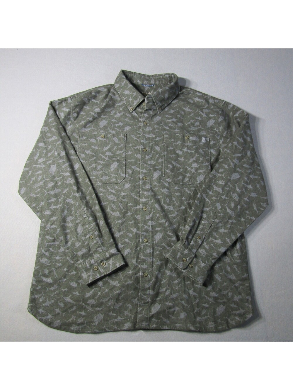 NWT Huk Chesapeake KC Printed Flannel LS Shirt Moss Fish print Men’s XL